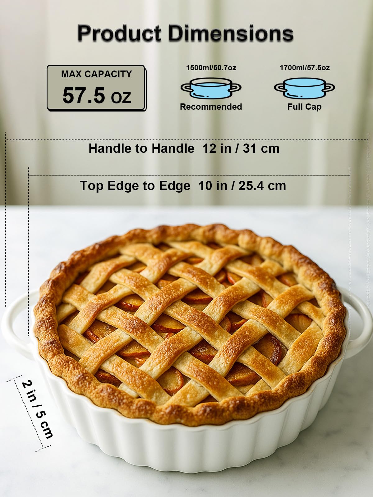 Yamteck 10×2in Deep Ceramic Pie Pan with Handles for Pie Quiche Tart Baking. Easy to grip, Lead-Free. Casserole Lasagna Dish for Thanksgiving Christmas Wedding Gift. Microwave, Dishwasher, Oven Safe