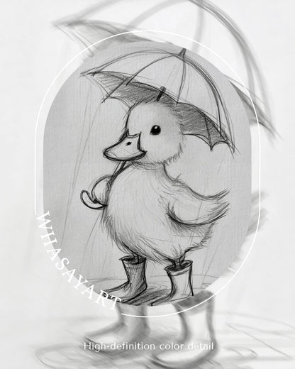 12x16 Inch, Framed Duck Canvas Wall Art Cute Baby Duck Sketch Illustration with Umbrella Print, Minimalist Black