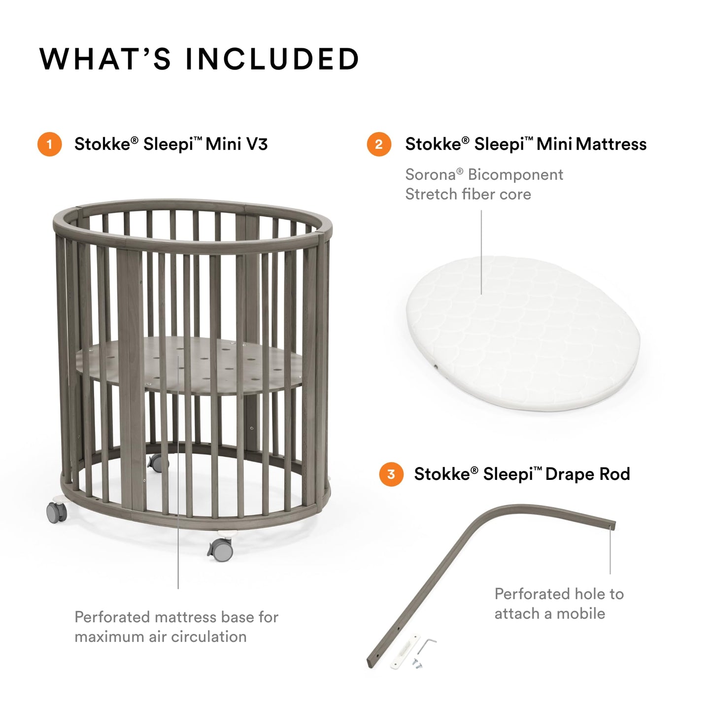 Stokke Sleepi Mini Bundle V3, Hazy Grey - Includes Sleepi Mini V3, Mattress & Drape Rod - Suitable for Ages 0-5 Years Old - Adjustable & Stylish