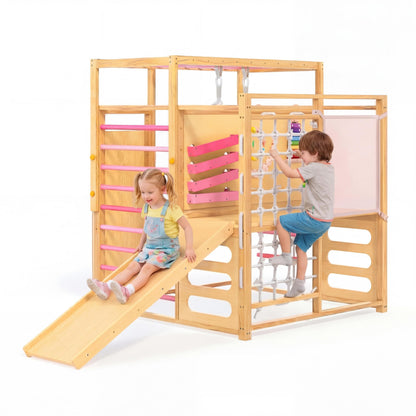 Jungle Gym with Slide, Rock Wall, Wood ＆ Rope Ladder, Monkey Bars, Gym Rings