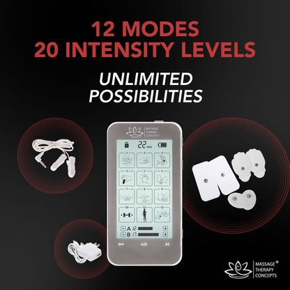 Massage Therapy Concepts TENS Unit Muscle Stimulator - Non-Invasive EMS Therapy Machine for Neck, Shoulder & Back Pain Relief, Sciatica, Arthritis - Safe & Portable with 12 Modes & 20 Intensity Levels