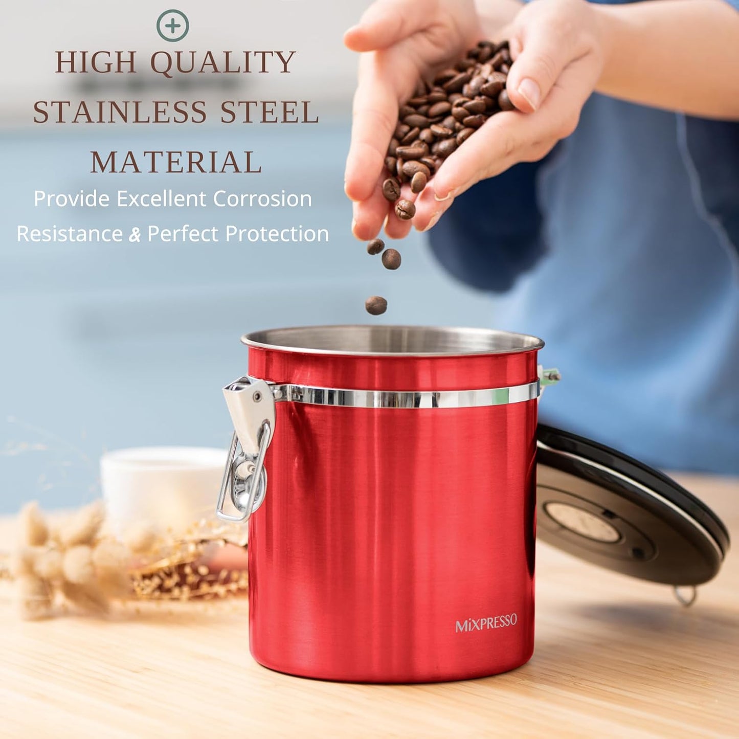 Mixpresso 16 Oz Red Coffee Canister, Stainless Steel Airtight Container with Date Tracker, Vacuum Sealed