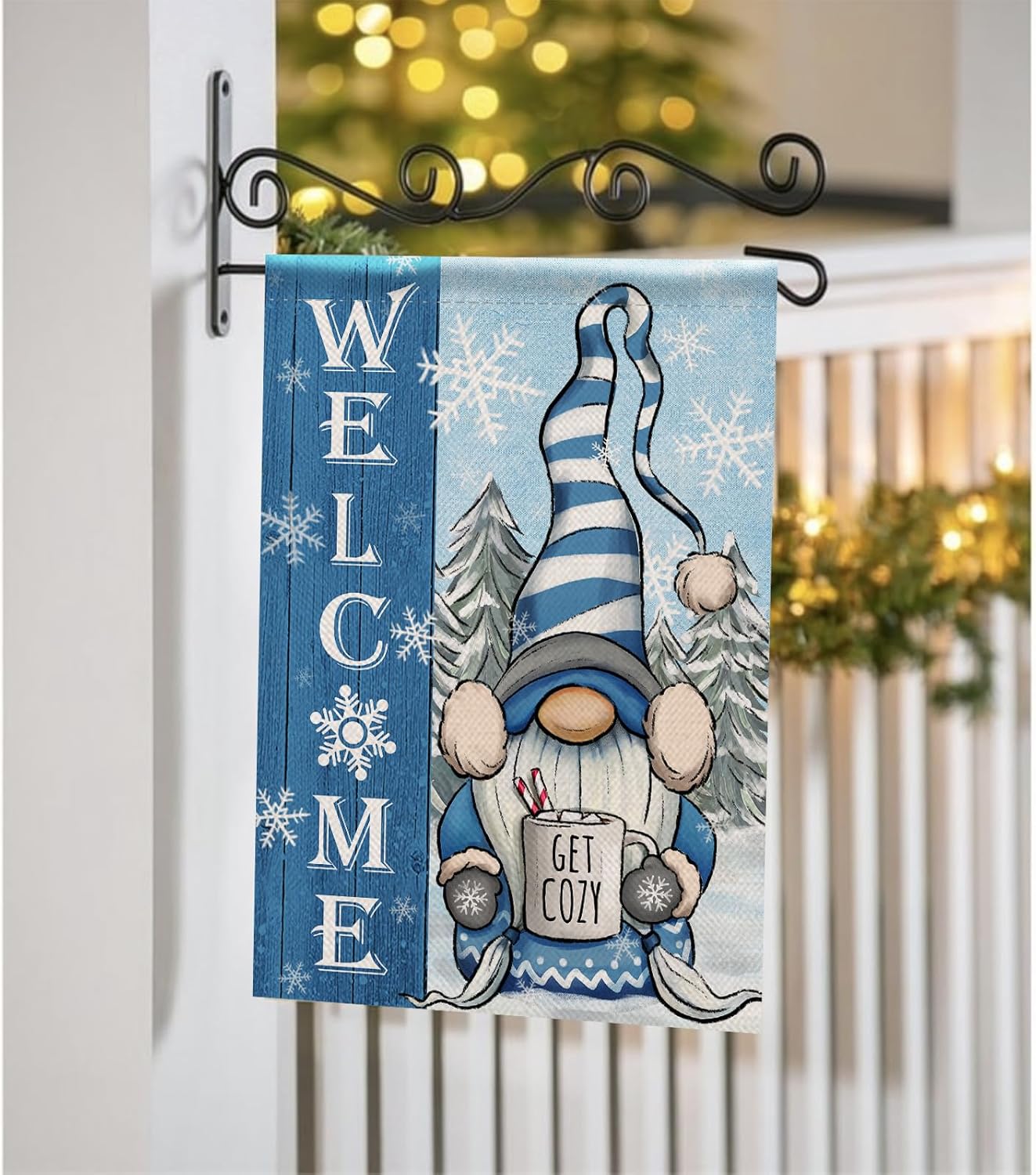 Welcome Winter Gnome Decorative Garden Flag, Blue Christmas Holiday Seasonal Burlap, 12 x 18 Double Sided Yard Decor
