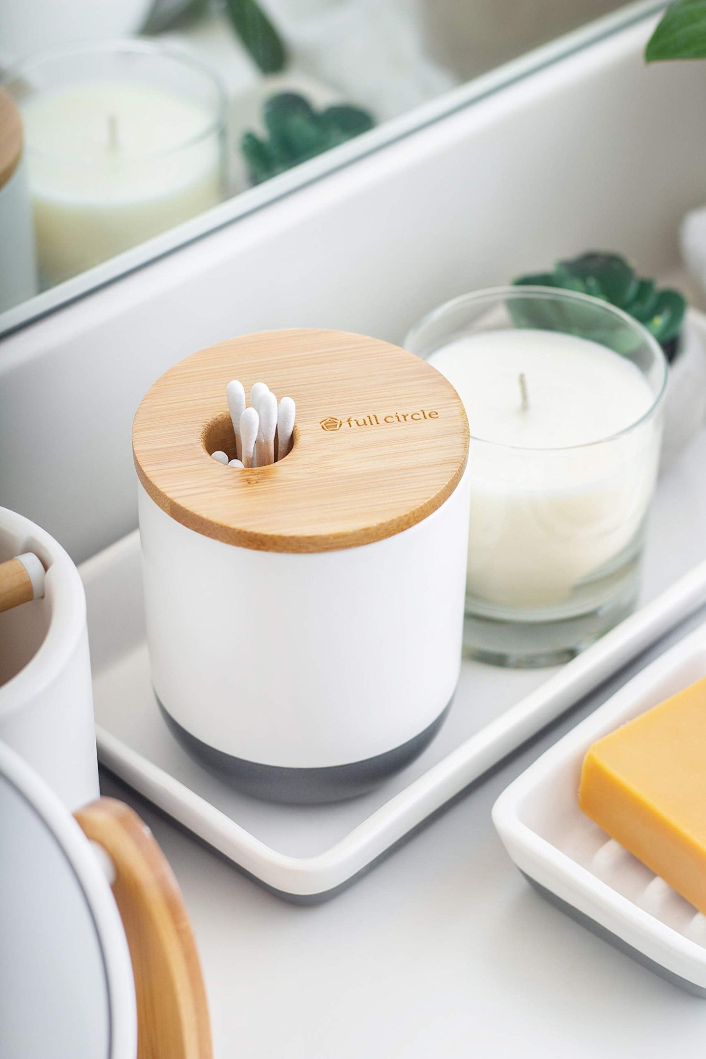 Full Circle Pick Me Up Cotton Swab and Q-Tip Canister, White & Bamboo
