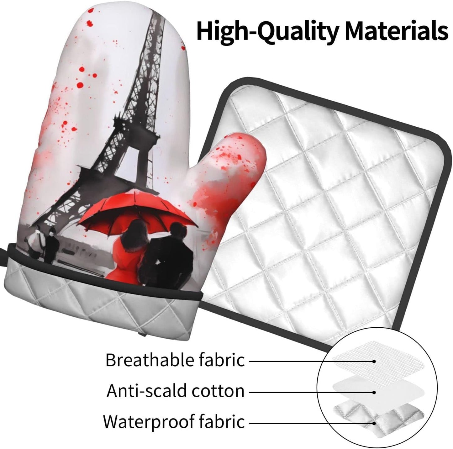 Oven Mitt and Pot Holders 2 Sets, Non-Slip BBQ Gloves with Eiffel Tower Flower Kitchen Design