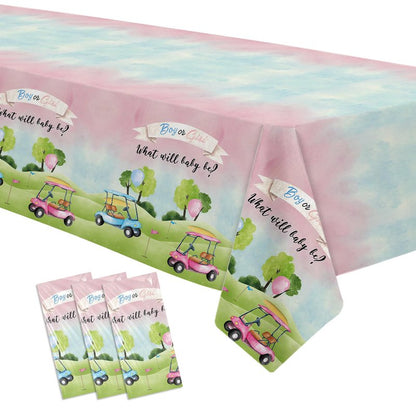 Xenorik Golf Gender Reveal Decorations Tablecloth - Disposable Blue Or Pink Golf Gender Reveal Party Supplies Table Cover, He Or She Golf Gender Reveal Party Table Cloth, 3 Pack (108in x 55in)
