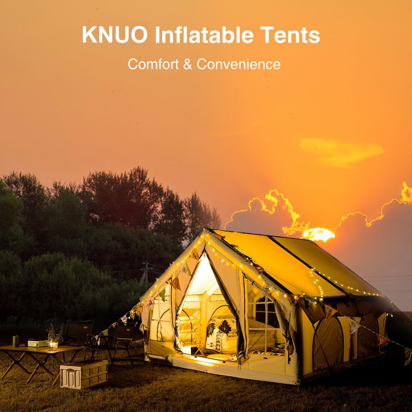 KNUO 2026 Upgraded Waterproof Inflatable Camping Tent for 5-8 People, Large Blow-Up Air Tent, No Assembly Needed Luxury Glamping House, 10x10ft Oxford Fabric, Beige