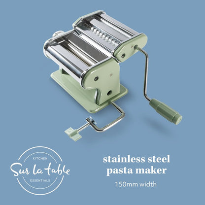 Sur La Table Kitchen Essential Va Bene Manual Pasta Maker Machine Noodle Maker w/Rollers & Cutters - Spaghetti, Fettuccini, Lasagna or Dumpling Skin - Stainless Steel/Juniper Green