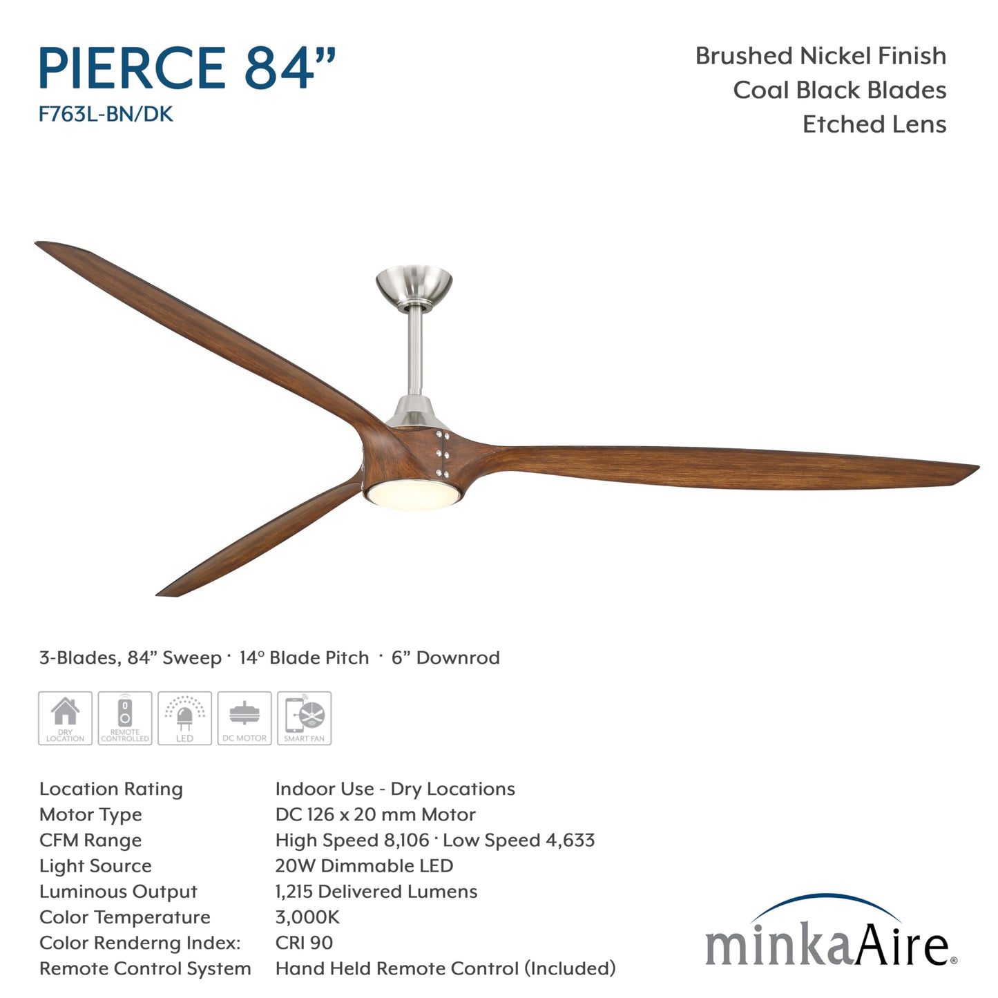 MINKA-AIRE F763L-BN/DK Pierce 84" 3-Blade LED Smart Ceiling Fan - Brushed Nickel and Distressed Koa Finish Blades with Etched Lens