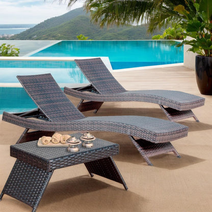 Asifom Outdoor Wicker Reclining Lounge Chairs Patio Rattan Chaise Lawn Sunbathing Chairs 79" Long Reclining Chairs, Set of 2 Chaise Longues + 1 Coffee Table