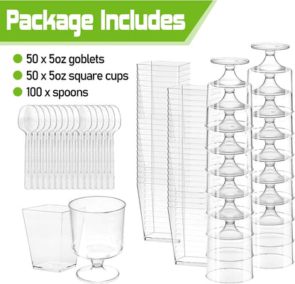 200 Pack 5 oz Plastic Dessert Cups with Spoons, Disposable Goblet Parfait Pudding Jello Shooter Cups for Party Serving