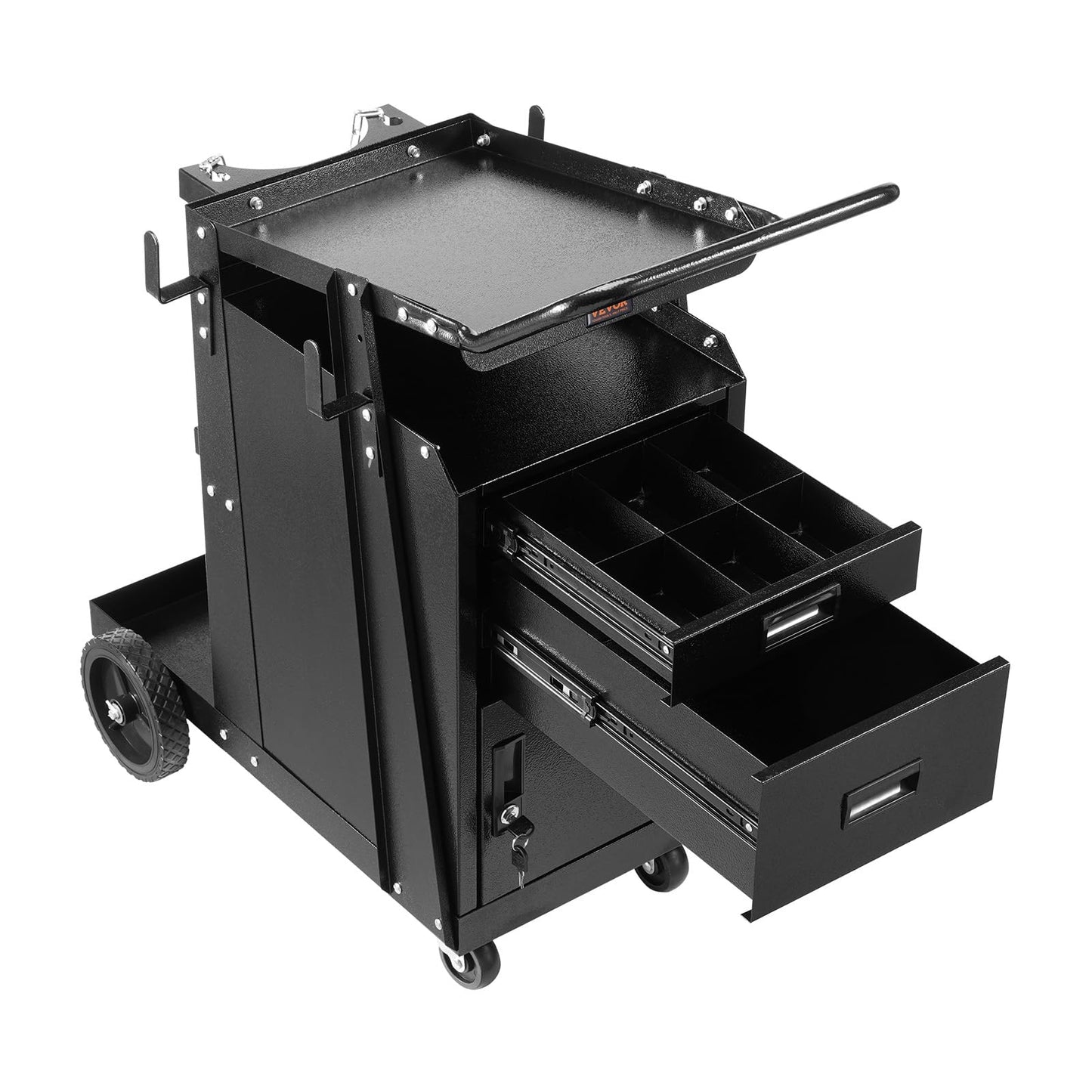 VEVOR Welding Cart, 2 Drawers Welder Cart Heavy Duty with Anti-Theft Lockable Cabinet, 350LBS Static Weight Capacity, 360° Swivel Wheels, Tank Storage Safety Chains for MIG TIG Welder, Plasma Cutter