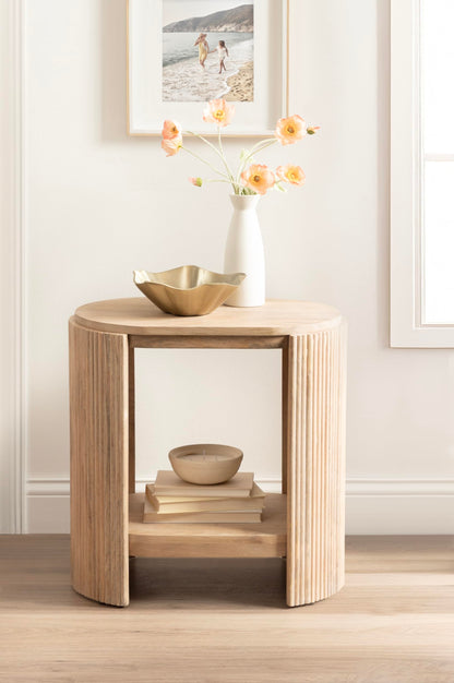 Kate and Laurel Cakora Modern Capsule Ribbed Mango Wood Side Table, 22 x 13 x 22, Light Natural, Boho Decorative Two-Tier End Table for Use as a Bedroom Nightstand or Living Room Plant Stand