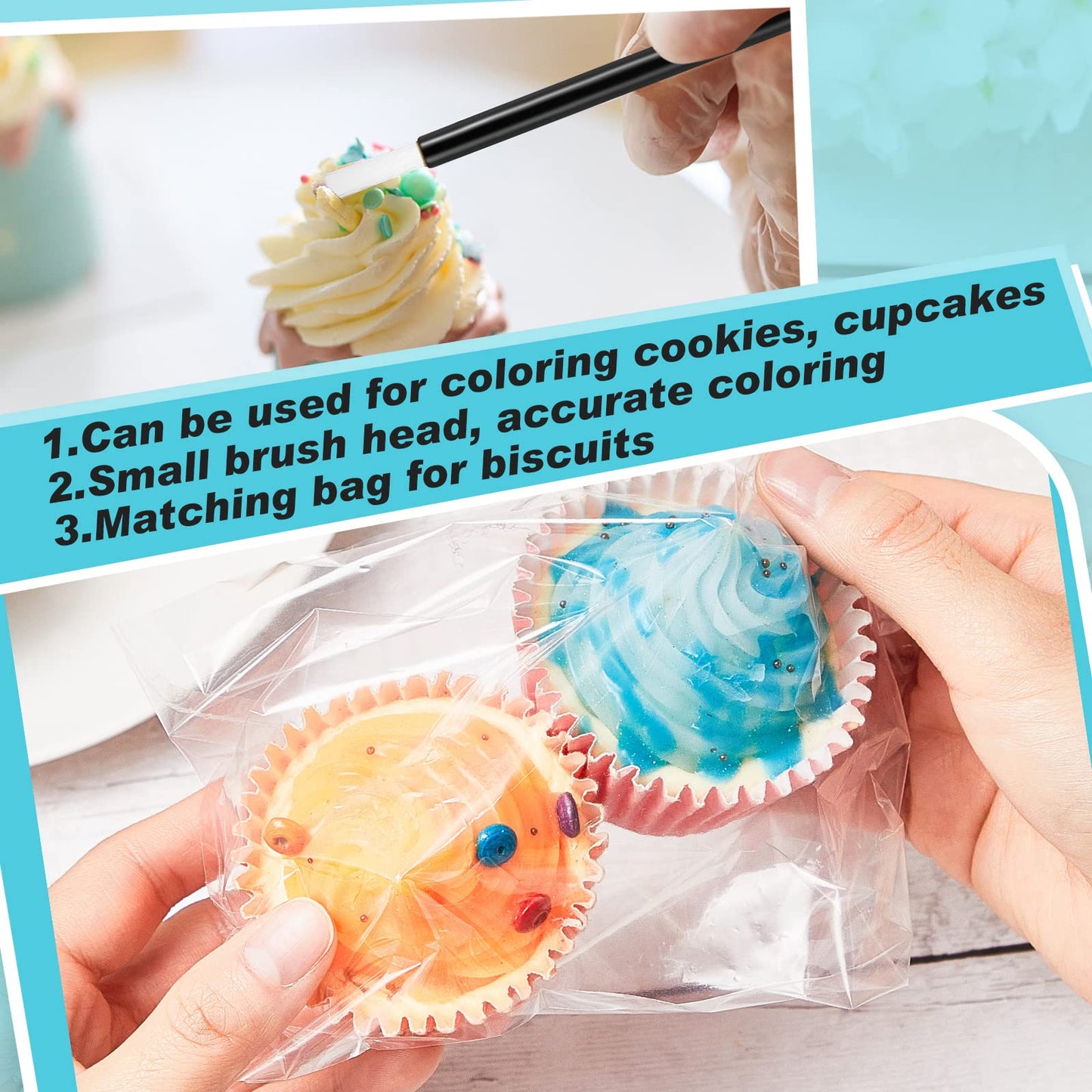 150 Pcs PYO Paint Your Own Mini Paint Brushes for Cookies Disposable with Soft Brush Head Wands with 150 Pcs Cookie Packaging Bags Edible Cupcakes