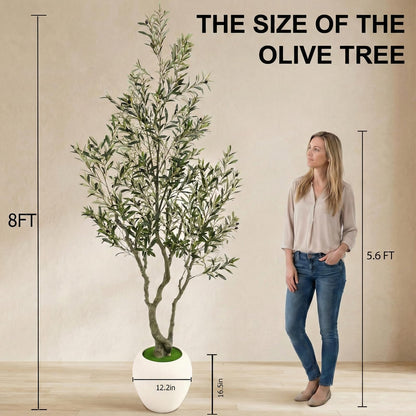 Huhemy 8ft Faux Olive Tree Artificial Indoor,Fake Olive Tree with Pot,Large Olive Branches and Lifelike Fruits,for Home Office House Living Room Decor