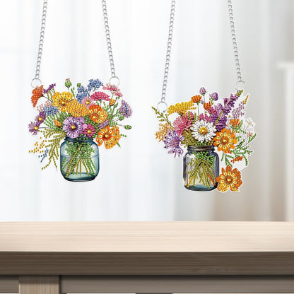 2 Pcs 5D DIY Diamond Painting Hanging Ornaments, Floral Bouquet Jar Design, Special Shaped Acrylic Diamond Art Suncatchers for Window or Wall Decor