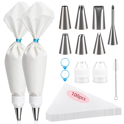 Cleangor Piping Bags and Tips Set, 16 Inch 114 Pcs Cake Decorating Kit with 100 Disposable Icing Bags, 2 Reusable Pastry Bags, 7 Stainless Steel Frosting Tips, 2 Couplers, 2 Bag Ties and 1 Brush