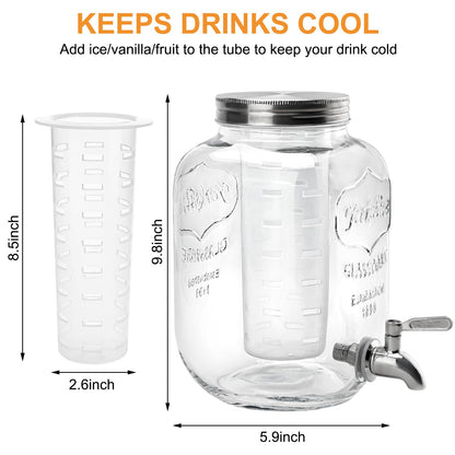 1 Gallon Glass Beverage Dispenser with Lid, Stainless Steel Spigot, Glass Drink Dispensers for Parties, Lemonade Dispenser With Ice Cylinder for Weddings, Party,Sun Tea Jar, Water Juice Dispensers