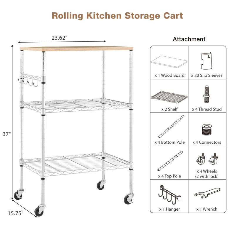 BolDuck 450Lbs Capacity Microwave Cart with Wheels, 3 Tier Rolling Cart with Adjustable Shelves, Multifunctional Metal Utility Storage Kitchen Carts on Wheels, 23.6" L*15.7" W*37" H, Wood+Chrome
