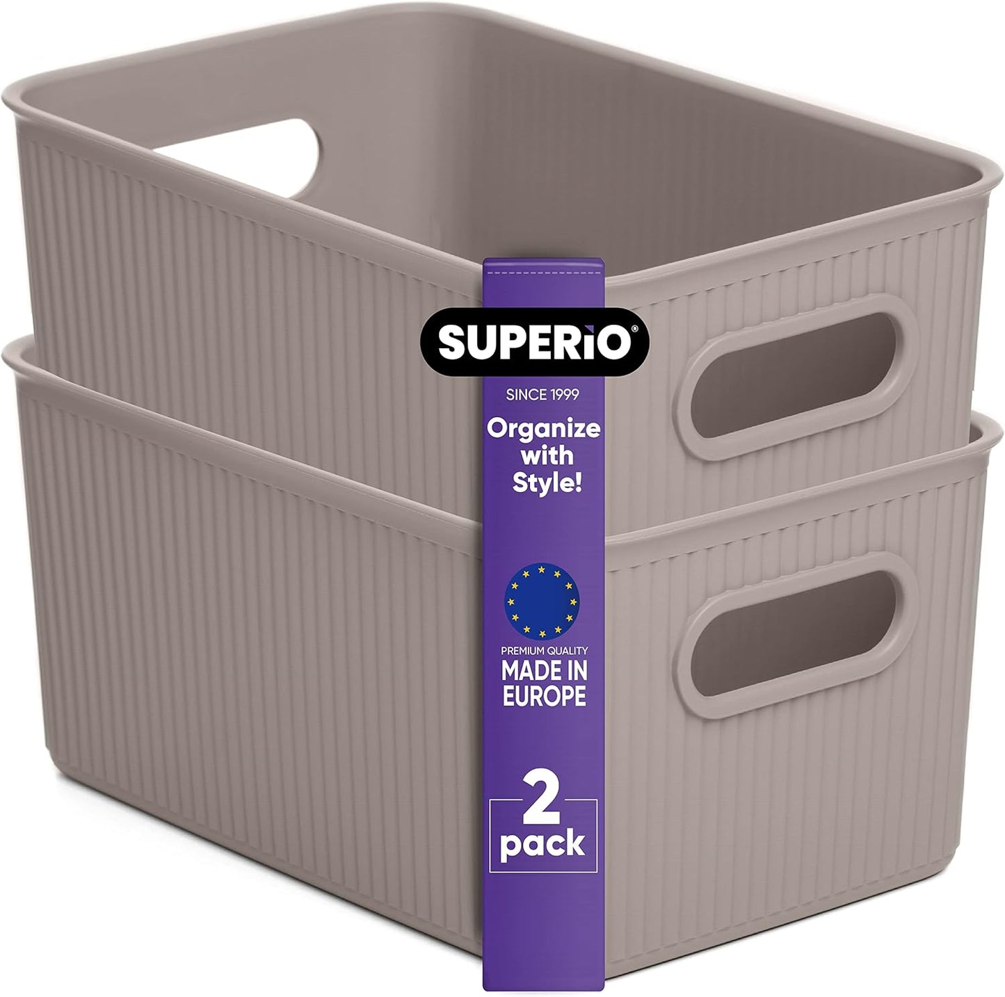 Superio Ribbed Collection - Medium Taupe Decorative Plastic Open Home Storage Bins Organizer Baskets (2 Pack) for
