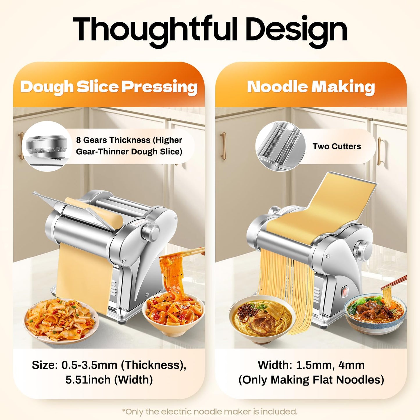 Electric Pasta Maker Machine 135W Family Noodle Maker Pasta Dough Spaghetti Roller Pressing Machine Stainless Steel for Home Family Use (1.5mm Flat Noodle+4mm Flat Noodle)