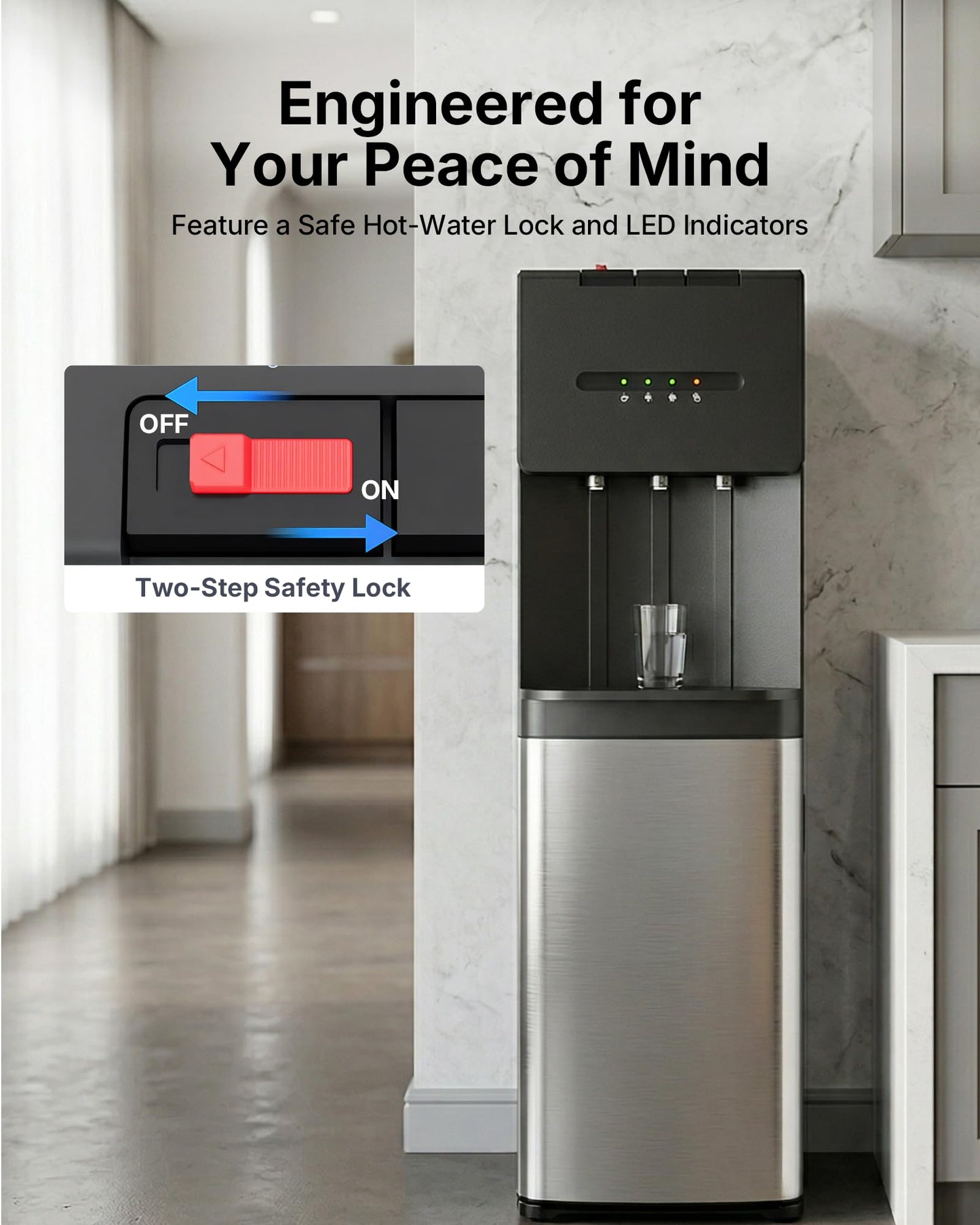 EUHOMY Bottom Loading Water Cooler Dispenser for 5 Gallon Bottle, Hot/Cold/Warm Water Dispenser with Child Safety Lock, LED Display Light, Ideal for Home, Office & Apartment, Black
