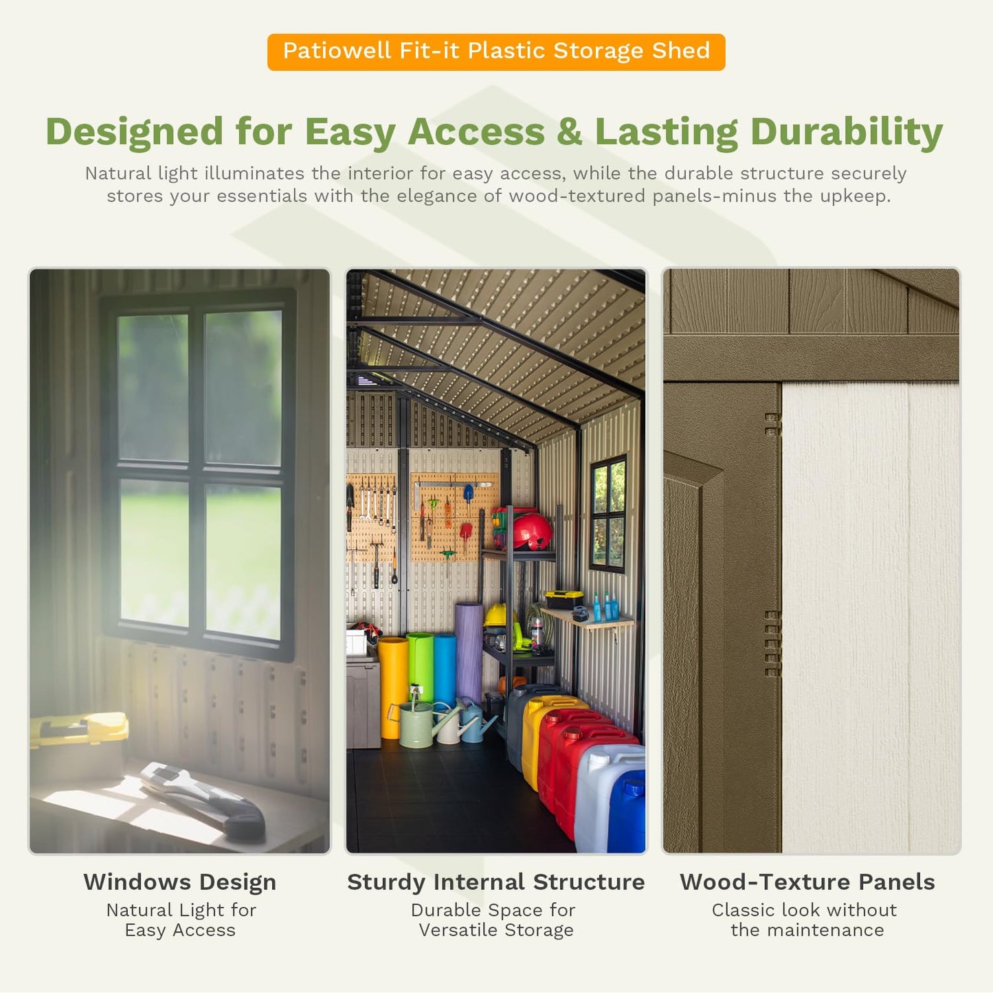 Patiowell 8 x 10 FT Resin Outdoor Storage Shed with Floor, Large Garden Tool Plastic Shed with Window and Lockable Door for Backyard, Tool Storage Use,Easy Installation, Brown (Kick-it Shed)
