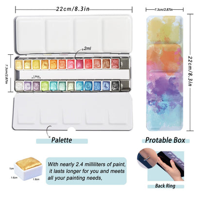AUK Metallic Watercolor Paints Set for Adult Artists, 24 Glitter Solid Watercolors 2ml Half Pans Metal Case Sparkle Pearlescent Shiny Watercolour Painting Set