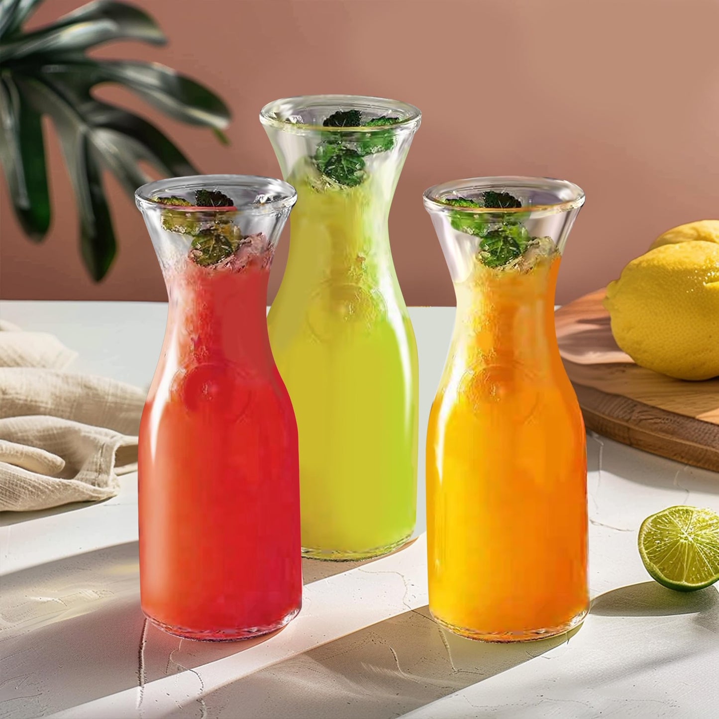 Glass Carafe with Bamboo Lid, Round 35 Oz Beverage Dispensers Carafe, Mimosa Bar Supplies, Clear Glass Pitcher with Name Labels for Iced Tea, Coffee, Juice(Set of 4)