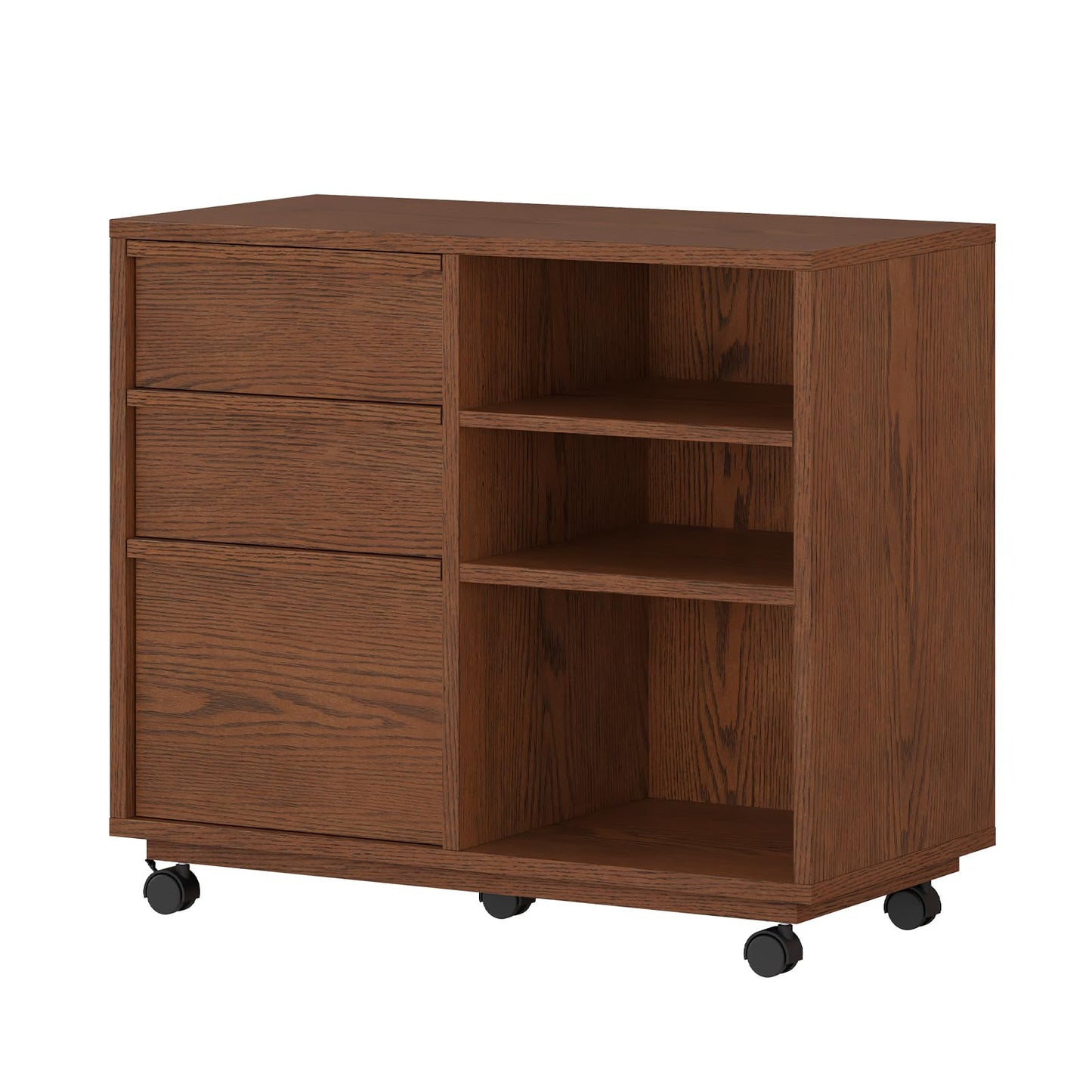 Solid Wood Lateral Filing Cabinet, 3 Drawer Mobile File Cabinet,Stand with Open Shelves,Storage Drawer Cabinet，The cabinet features adjustable steel rods，suitable for home offices,and bedrooms.