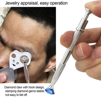 4 Pack Diamond Jewelers Tweezers Holder Pick up Tool Claw Gems Tweezer Grabber Jewelry Locking Tweezers with 30X 60X Jewelers Loupe Magnifier