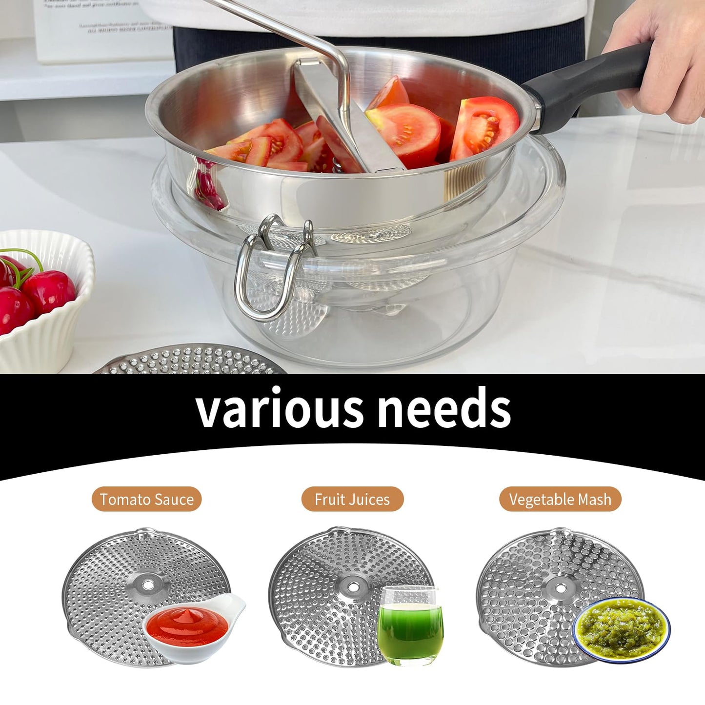 Stainless Steel Ergonomic Food Mill with 3 Grinding Discs, Compralo Rotary Food Mill for Tomato Apple Sauce, Puree, Mashed Potatoes, Jams, Dishwasher Safe