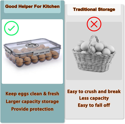 BTSKY Premium Plastic Egg Holder for Fridge - 24 Count Egg Container with Time Reminder and Lid, Reusable Stackable Egg