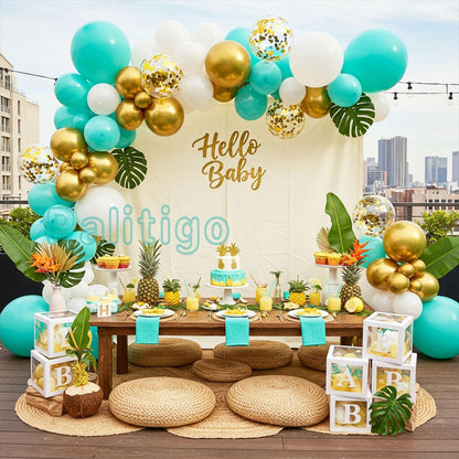 Teal Balloon Garland Kit with Gold Butterflies, Turquoise, Blue, Green, White & Gold Balloons for Party Decor
