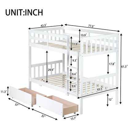 MERITLINE Wood Bunk Bed with Drawers, Convertible Bunk Bed with Ladders and Two Storage Drawers, Solid Wood Detachable Bedframe with Guardrails, Twin Over Twin, White