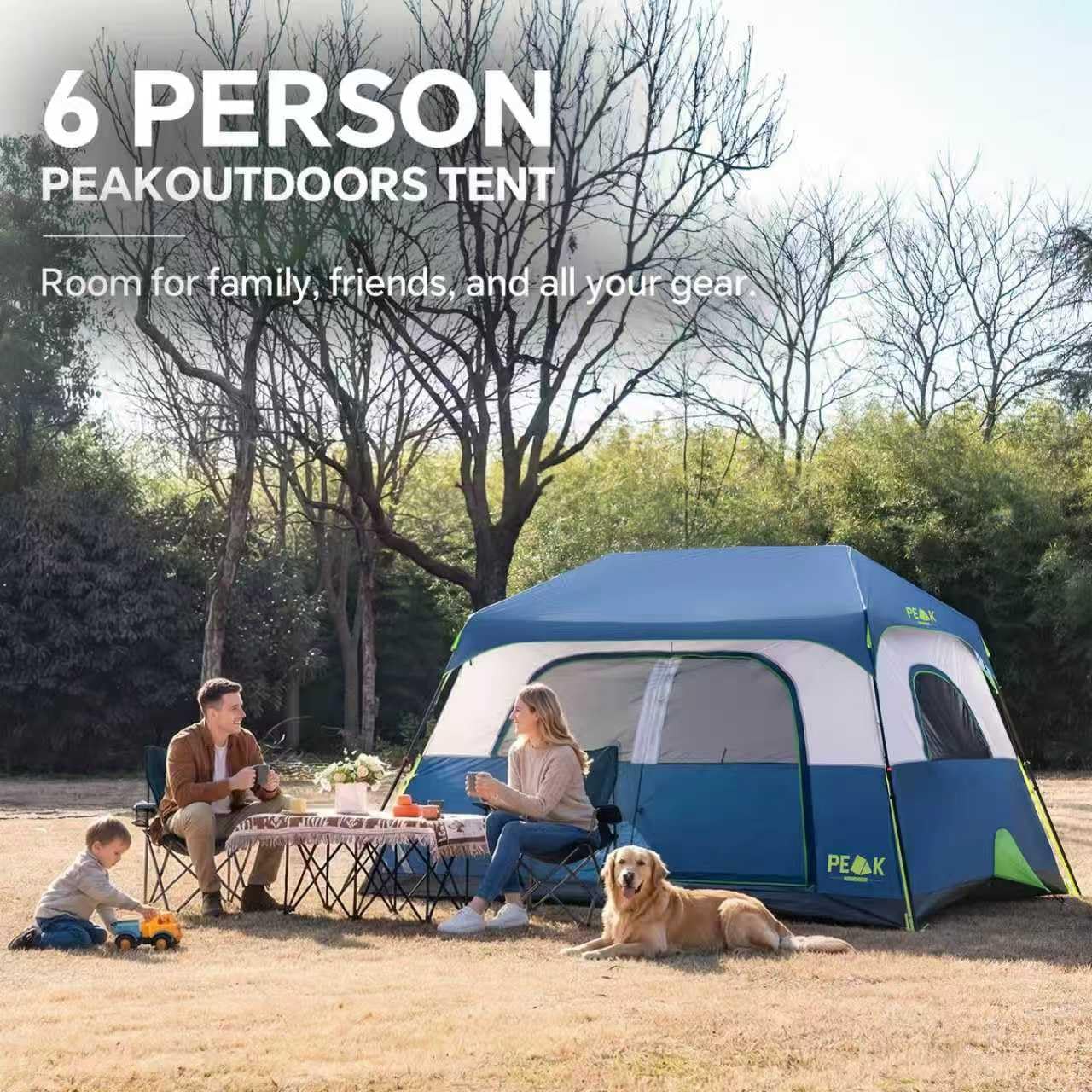 PEAK OUTDOORS Instant Tent 6/8 Person Tents for Camping, 60 Second Easy Setup Portable Camping Cabin Tent with Rainfly, Waterproof Pop Up Tents for Family Camping & Hiking with Expandable Carry Bag