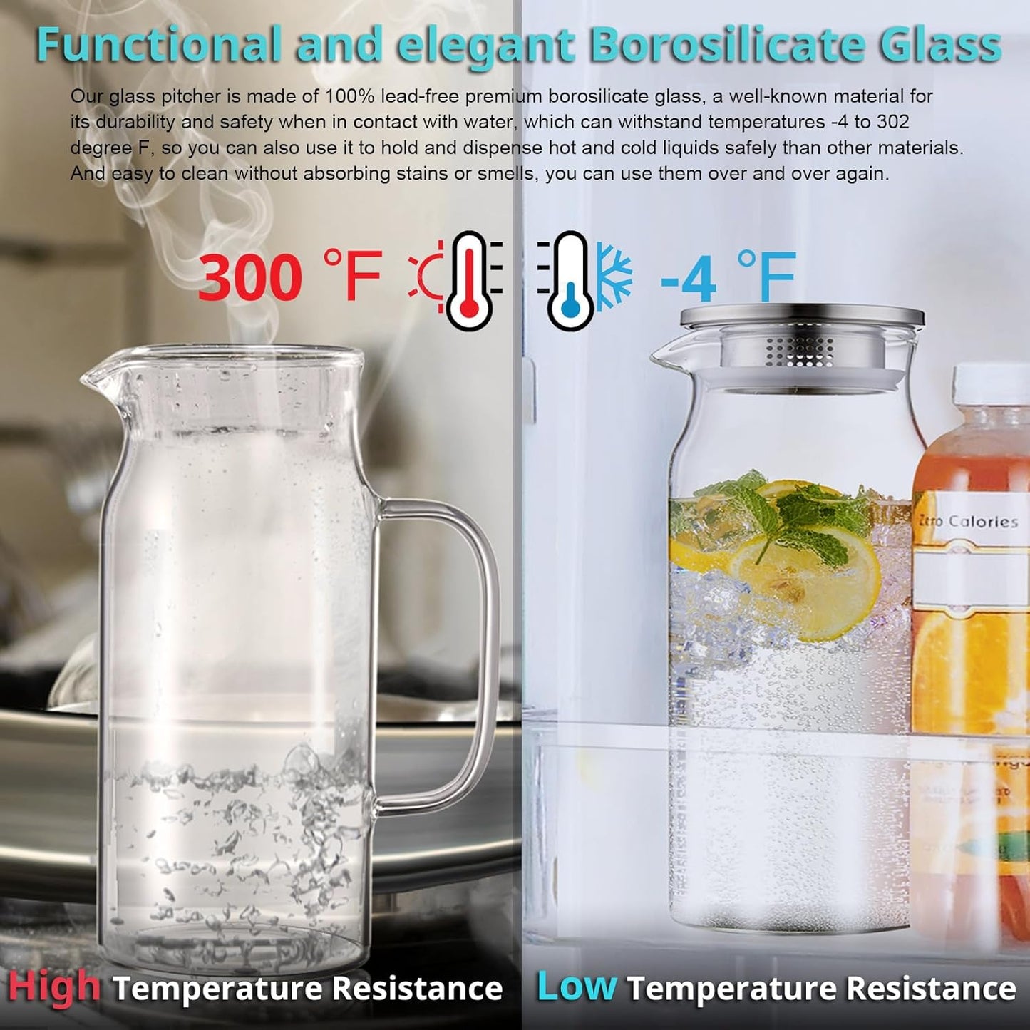 2 68 oz Bivvclaz Liter Glass Pitcher with Lid and Handle, Glass Carafe for Hot/Cold Water, Large Iced Tea Pitcher