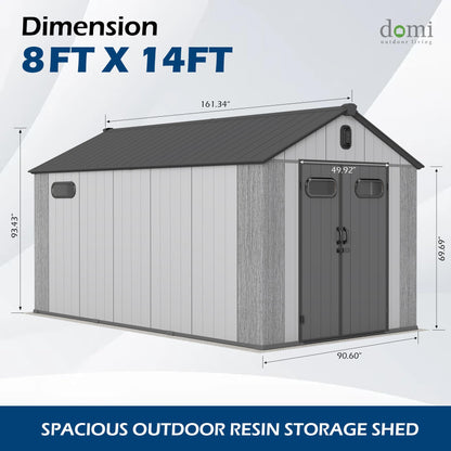 Domi 8x14Ft Resin Outdoor Storage Shed, Plastic Garden Shed with Carpet, Outside Weatherproof Storage Building for Tools, Bike, Lawn Mower, Patio, Backyard