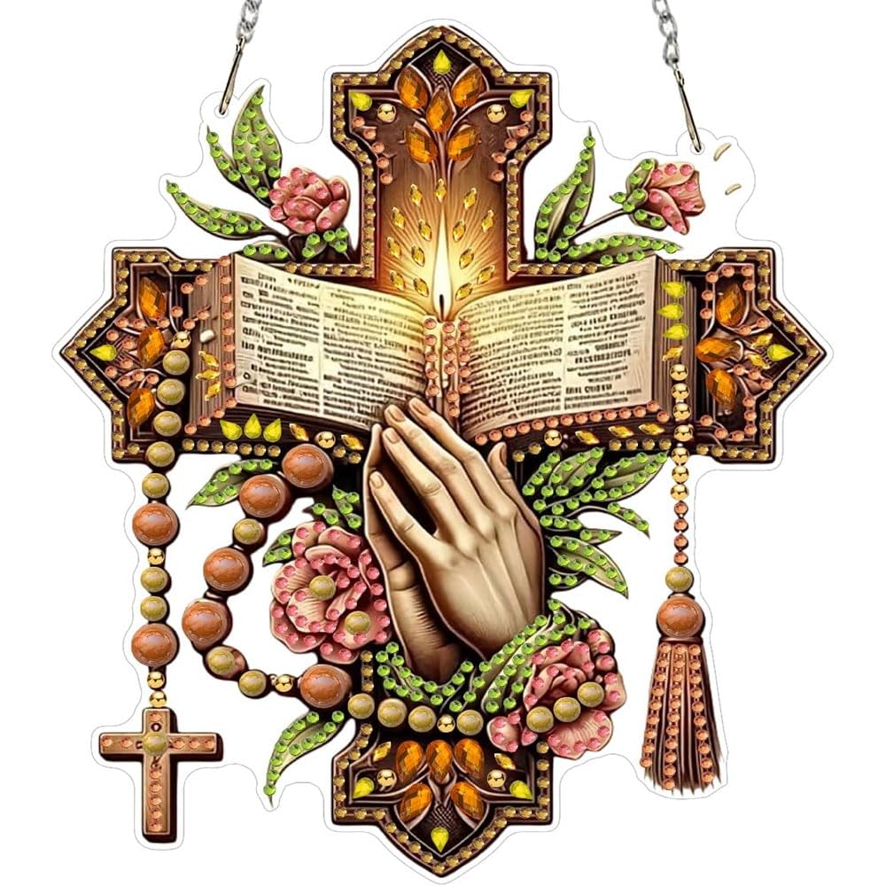 LPDJITO Religious Pray Hanging Diamonds Art kit for Adult, Cross Flowers Pendant Diamonds Painting Art Kit, Acrylic Diamonds Painting Board Kit Ornament, Special Crystal Diamond Hanging Ornament
