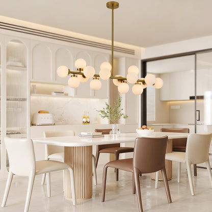 XILICON Linear Chandeliers Modern Brushed Brass Chandeliers for Dining Room 16-Lights and White Glass Pendant Lighting Mid Century Globe Dining Light Fixture for Living Room Kitchen