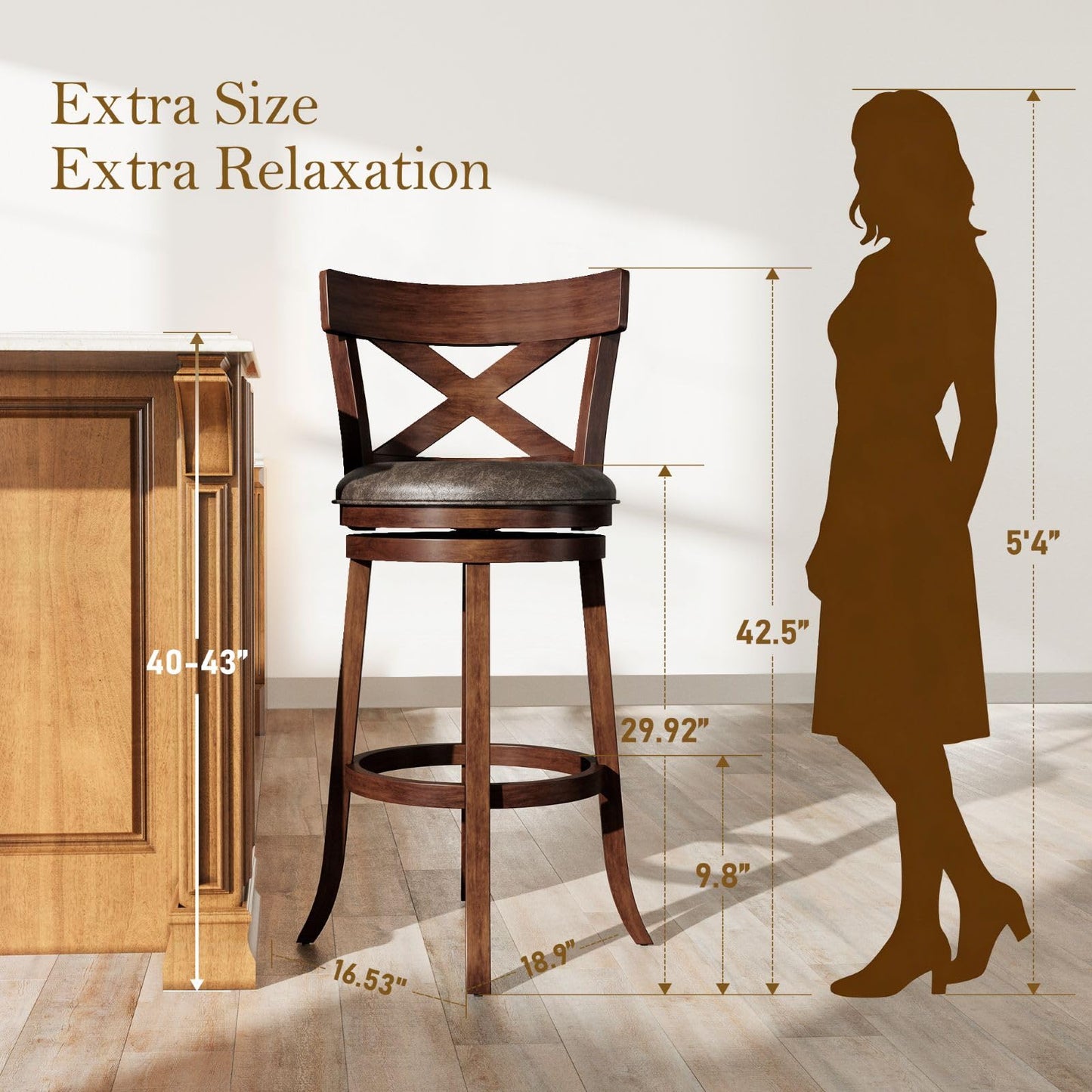 Sophia & William Swivel Bar Stools Set of 4, 30 Inch Bar Height Barstools with Cross Back & Solid Wood Legs,Faux Leather Kitchen Stools, Brown