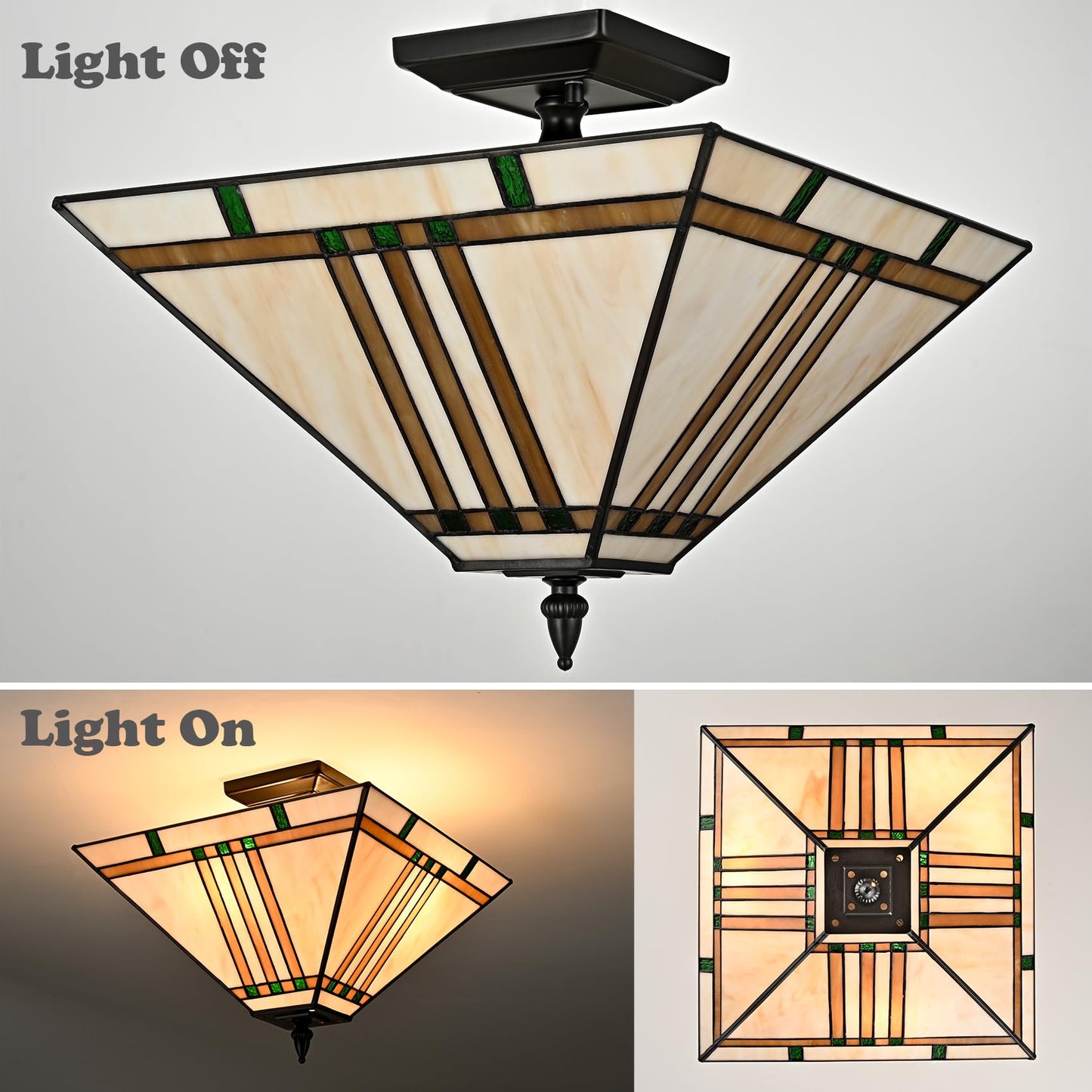 DAYCENT Tiffany Ceiling Lights, Stained Glass Ceiling Light Fixtures 3-Light 14 Inches Vintage Tiffany Style Semi Flush Mount Lamp for Bedroom Foyer Entryway Dining Room, Black Finish
