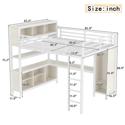 Bellemave Queen Loft Bed with Desk & Wardrobe, Heavy Duty Metal Loft Beds with Storage Shelves, Space Saving Loft Bed Queen Size with Safety Guard, White Wood Grain