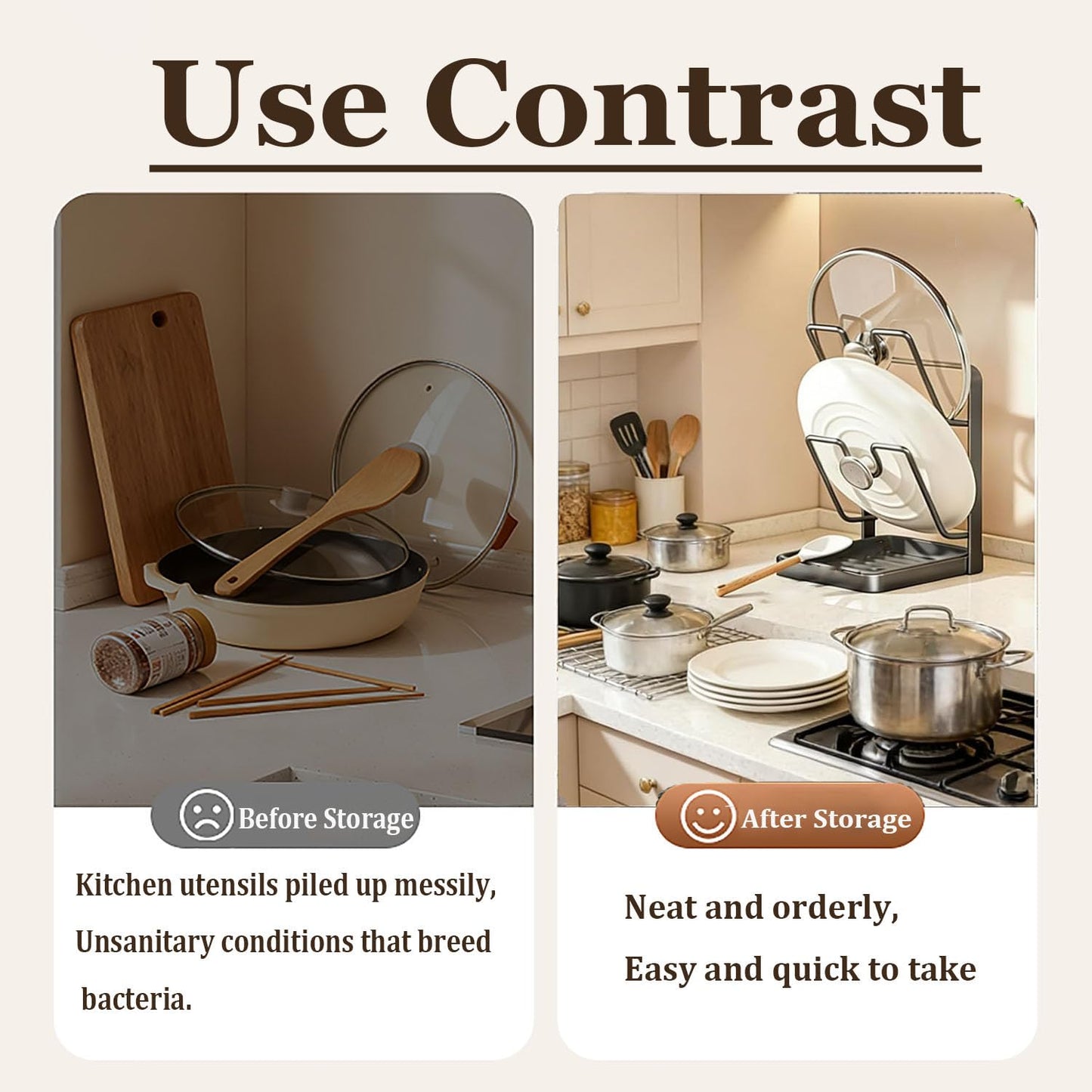 POCONT Kitchen Pot Lid Storage Rack, Carbon Steel Pot Lid Holder with Spoon Rest While Cooking, Multifunctional Countertop Organizer with Removable Drip Tray for Cutting Boards, Ladles