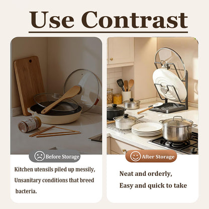 POCONT Kitchen Pot Lid Storage Rack, Carbon Steel Pot Lid Holder with Spoon Rest While Cooking, Multifunctional Countertop Organizer with Removable Drip Tray for Cutting Boards, Ladles