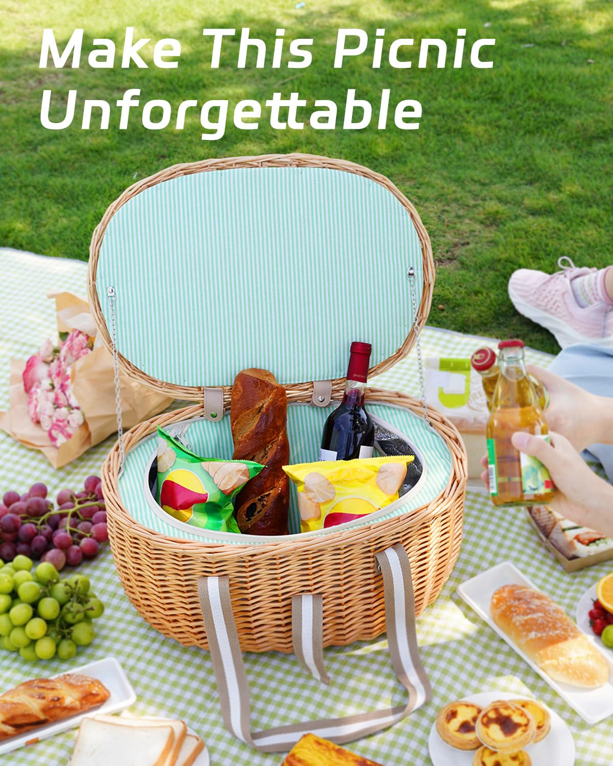 WeaveNove Picnic Basket Insulated with Lid, Extra Large Wicker Picnic Basket with Waterproof Insulated, Handwoven Portable Vintage Picnic Hamper 8.4 Gal(31.7L), Camping Outdoor Gifts Date, Natural