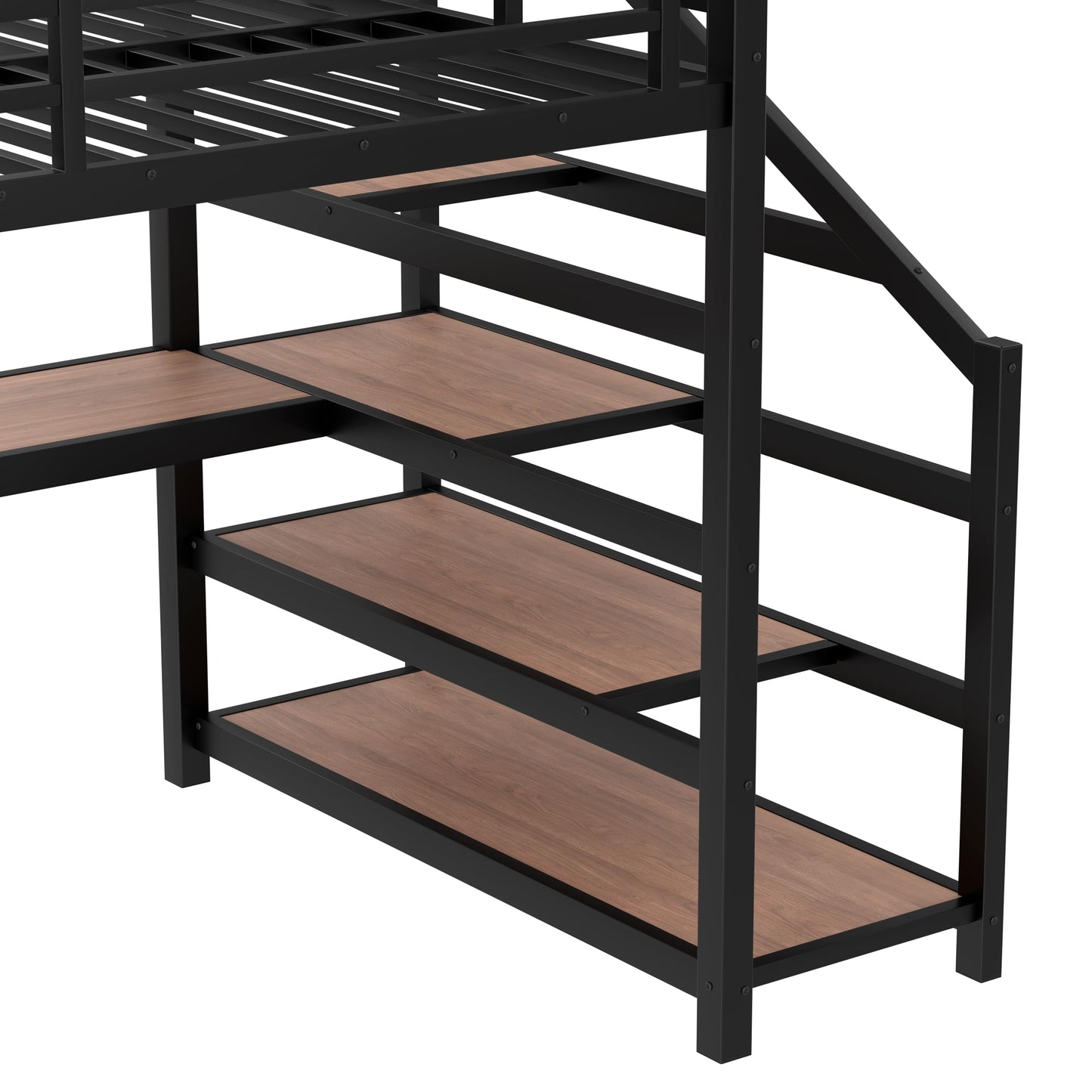 Full Size Loft Bed with Desk and Storage Stairs, Metal Loft Bed Frame with LED Lights, Charging Station, and Multi-function Iron Nets, Loftbed for Kids, Teens, Adults, Noise-free, Black and Wood