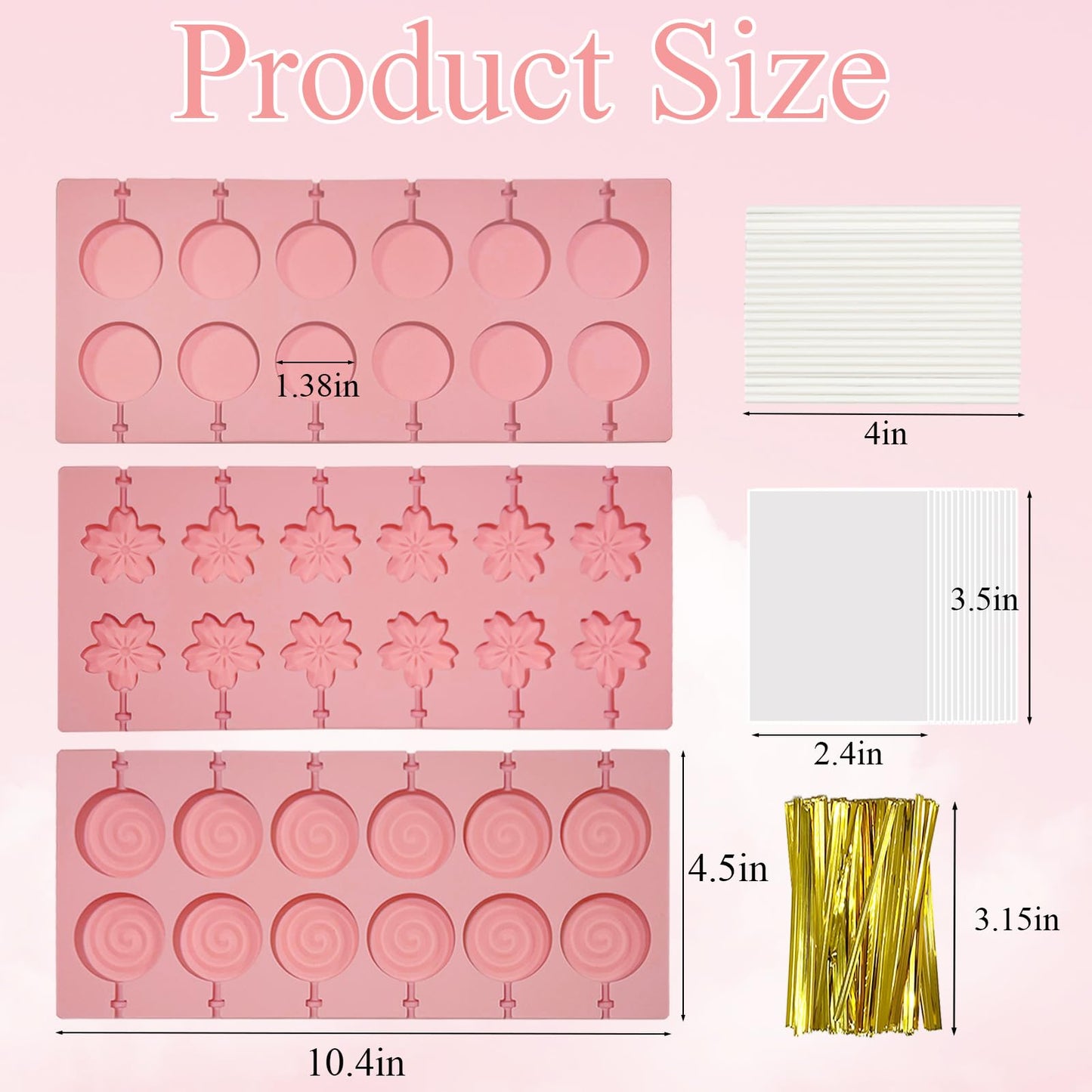3Pcs Lollipop Mold Kit, 36 Capacity CHELIZIYA 3 Shapes Pink Silicone Candy Molds, Non-Stick Silicone Flower Chocolate Mold with 100Pcs Sticks, 100Pcs Bags, 100Pcs Ties for Party