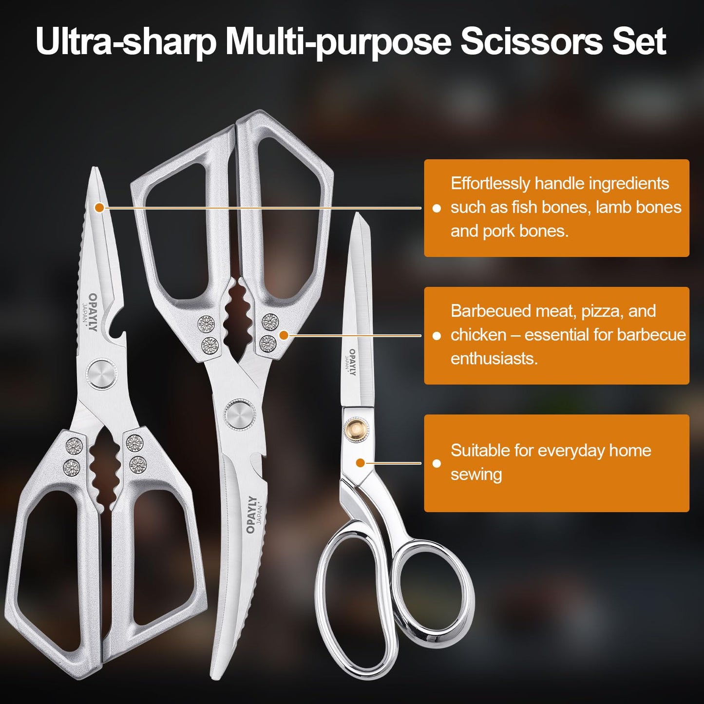 3PCS Heavy Duty Kitchen Scissors Set All Purpose - Stainless Steel Scissors Meat Scissors Dishwasher Safe Japanese Cooking Scissor for Food Paired with household tailor shears Gifts for Men Women