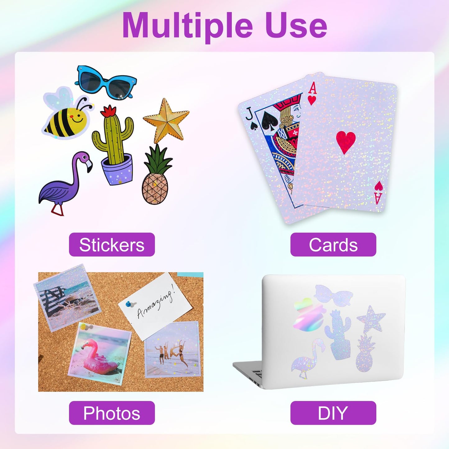 Kifmurase 100 Sheets Holographic Sticker Paper, Holographic Clear Vinyl Laminate Film, Transparent Overlay Lamination Sticker, Self-Adhesive Waterproof Rainbow Laminating Sheets with A4 Size